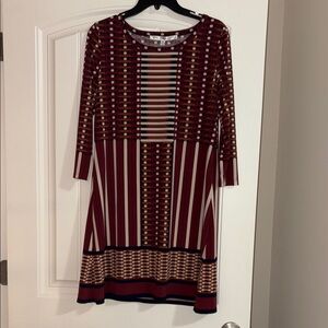Max Studio Burgundy and Cream Sheath Dress with 3/4 Sleeves